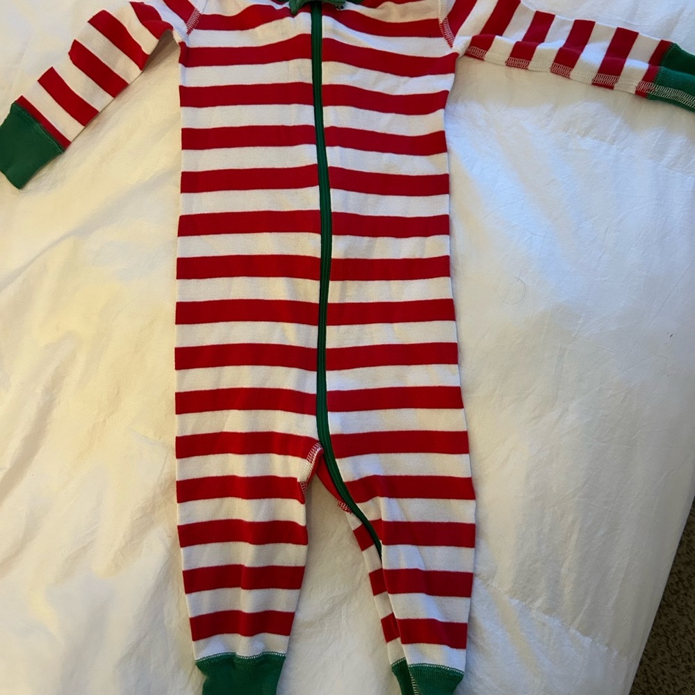 Hanna Andersson Red and White Striped Footie with Green Trim